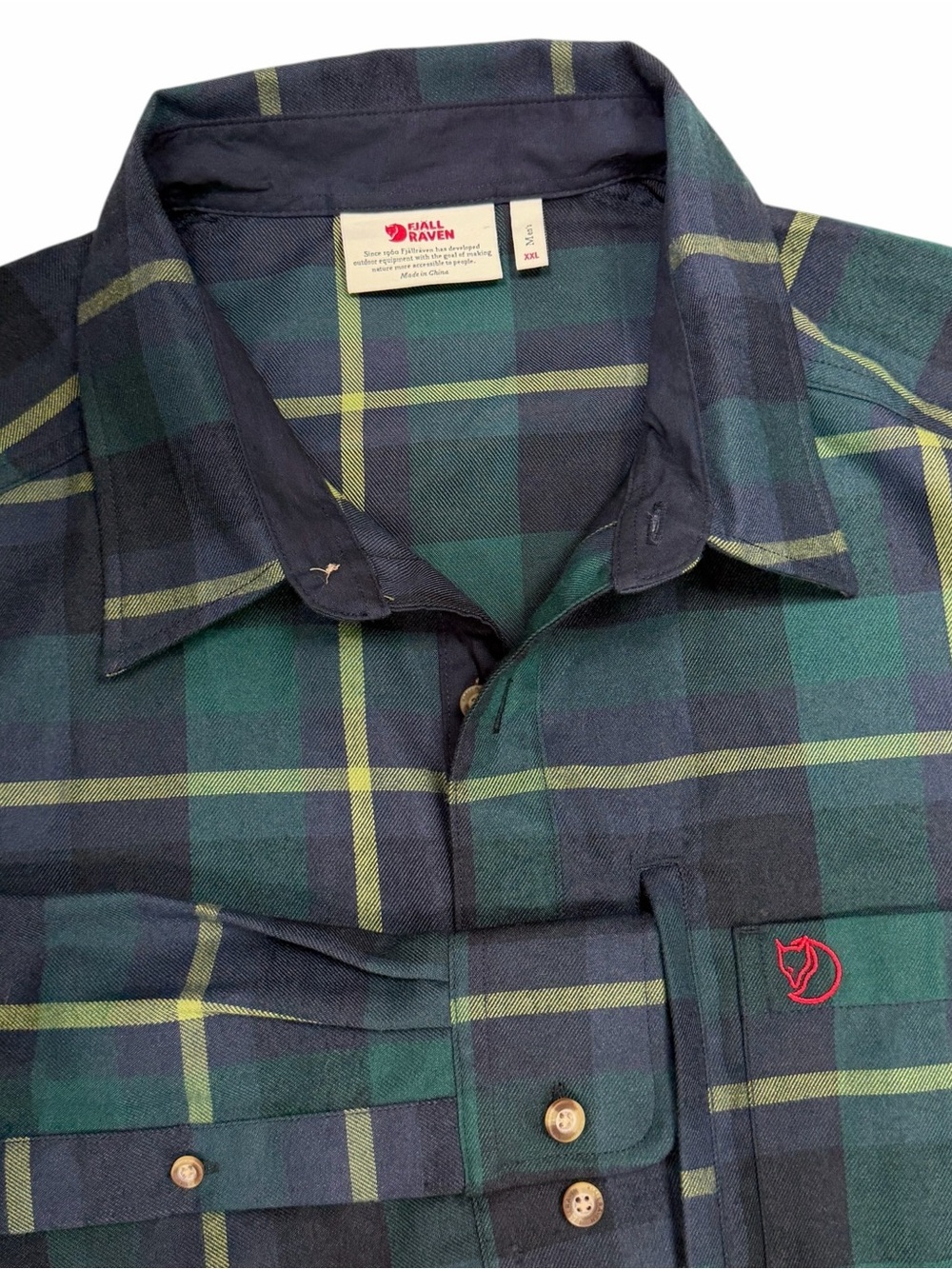 Fjallraven Fjallglim Shirt Mens XXL Green Plaid Flannel Button Down Long Sleeve
